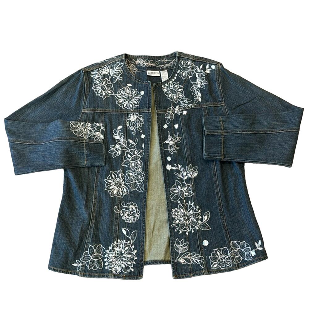 Chico's Women's Collarless Embellished Beaded Denim Jacket Dark Wash Size L